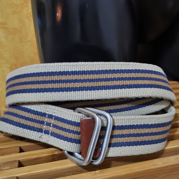 Vintage Brooks Brothers Canvas D-ring Tan Striped Belt Leather Tipped XL - Picture 4 of 4